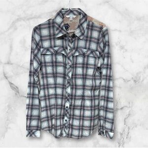 CAbi Plaid floral blue white pink button down shirt size small